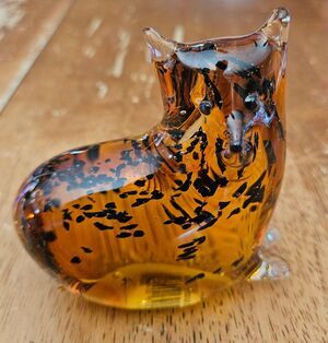 Vintage Rare Hand Blown Glass Animal Cat Amber & Black Abstract Art Paperweight